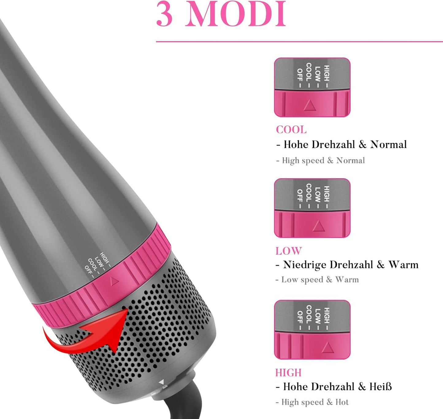 Ensemble De Styler 4 EN 1, Brosse Soufflante Et Sèche Cheveux, Avec Accessoires, Sécher, Lisser, Donner Du Volume Coiffer, Seche Cheveux Soins Ioniques, 1000W (GRIS), AB0319-4P-PK