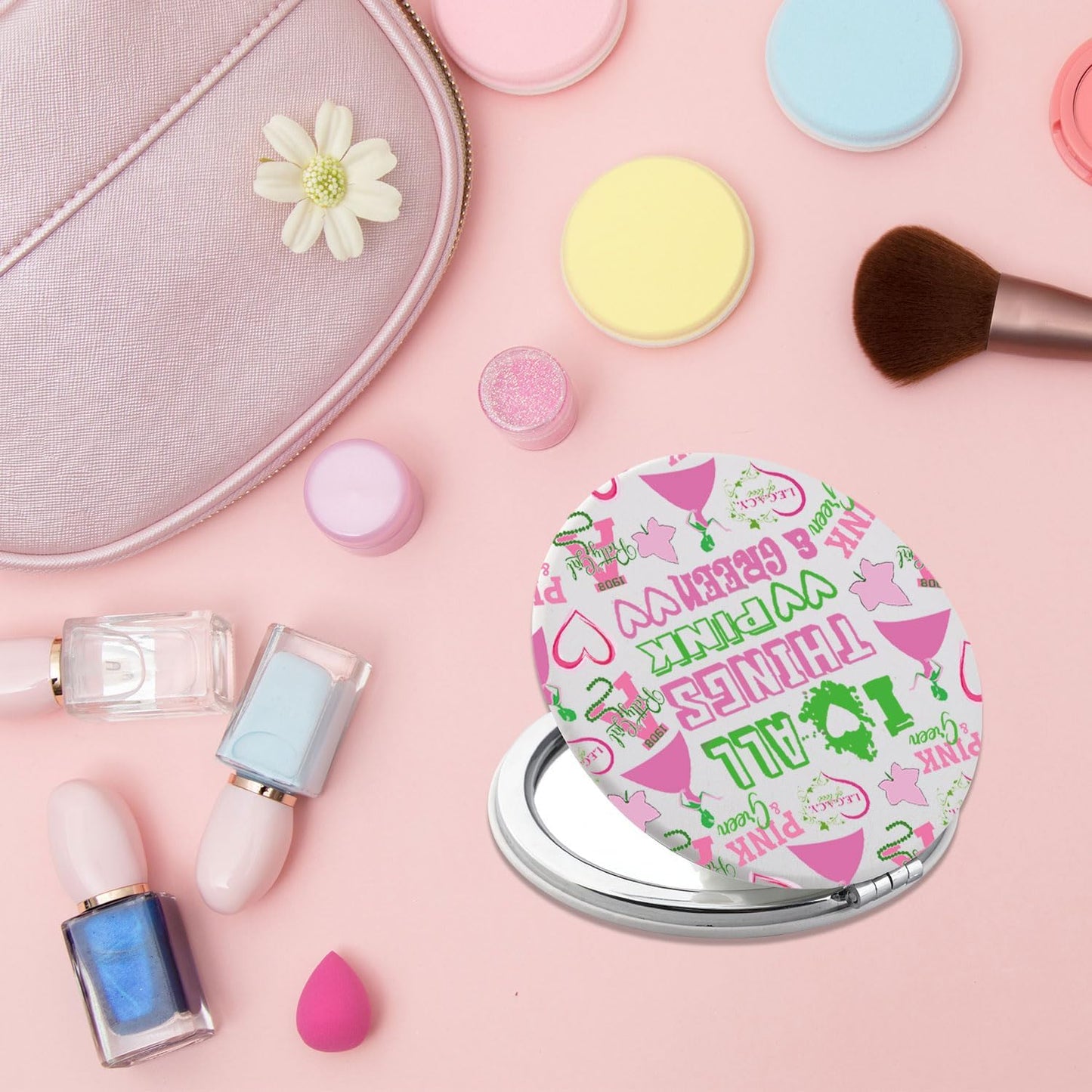 Sorority Paraphernalia Gift Greek Sorority Gift I Love All Things Pink & Green Ivy Leaf PU Leather Compact Mirror (Pink & Green LCM)