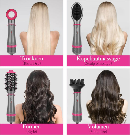 Ensemble De Styler 4 EN 1,  Brosse Soufflante Et Sèche Cheveux, Avec Accessoires, Sécher, Lisser, Donner Du Volume Coiffer, Seche Cheveux Soins Ioniques, 1000W (GRIS), AB0319-4P-PK