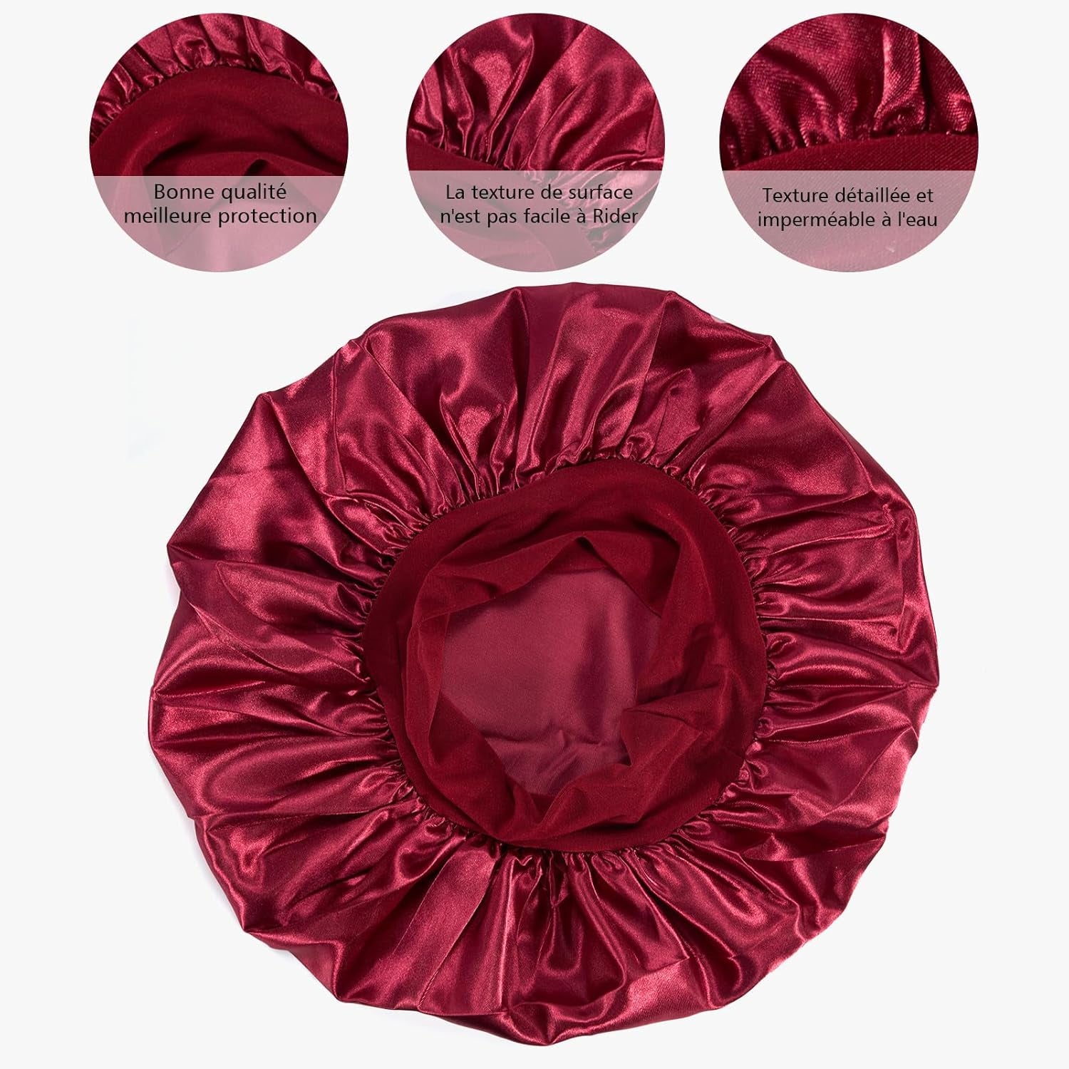 Bonnet Satin Cheveux Nuit，2Pcs Bonnet Soie Bonnet En Satin Avec 2 Élastiques Cheveux, Texturé De Soie, Bonnet De Nuit Femme Pour Protection Courts Longs Bouclés (Noir, Vin Rouge)