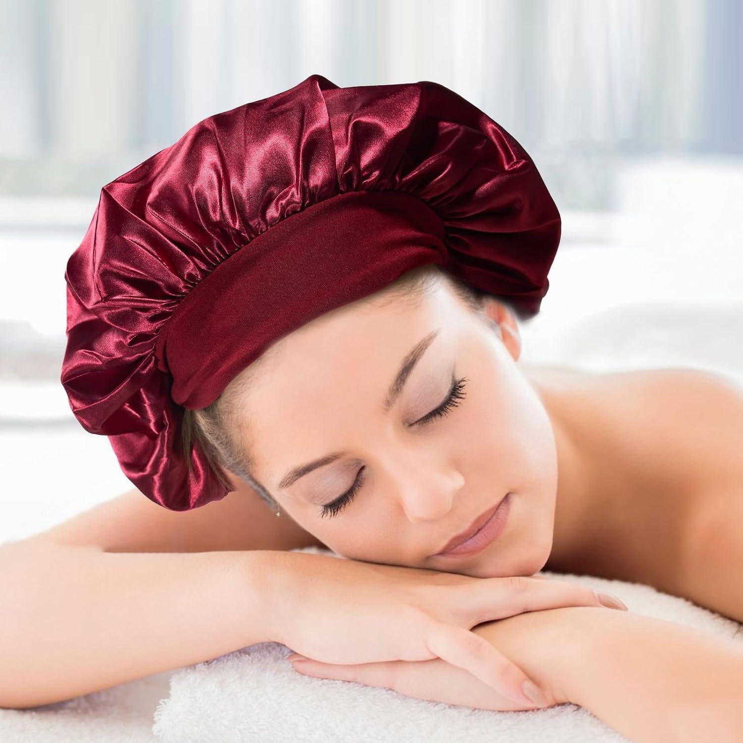 Bonnet Satin Cheveux Nuit，2Pcs Bonnet Soie Bonnet En Satin Avec 2 Élastiques Cheveux, Texturé De Soie, Bonnet De Nuit Femme Pour Protection Courts Longs Bouclés (Noir, Vin Rouge)