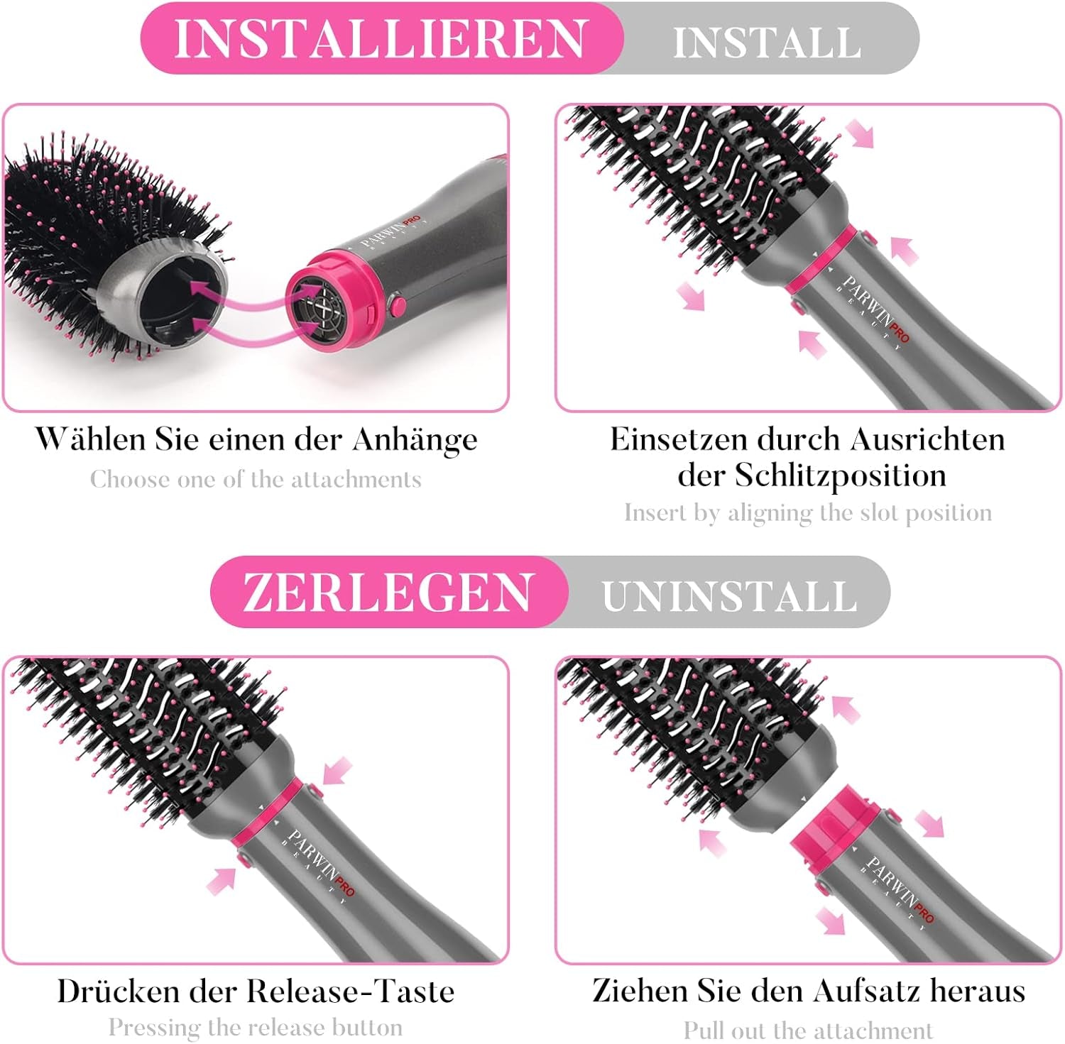 Ensemble De Styler 4 EN 1,  Brosse Soufflante Et Sèche Cheveux, Avec Accessoires, Sécher, Lisser, Donner Du Volume Coiffer, Seche Cheveux Soins Ioniques, 1000W (GRIS), AB0319-4P-PK