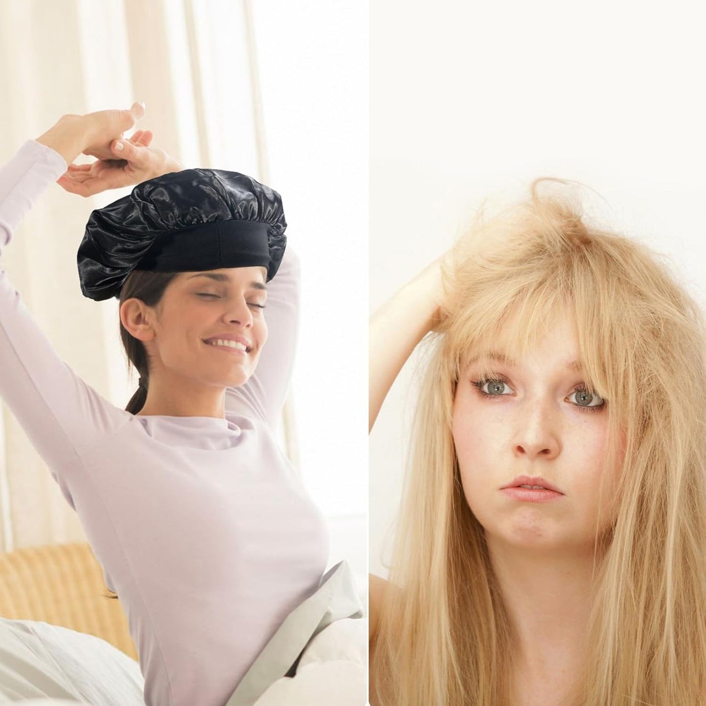 Bonnet Satin Cheveux Nuit，2Pcs Bonnet Soie Bonnet En Satin Avec 2 Élastiques Cheveux, Texturé De Soie, Bonnet De Nuit Femme Pour Protection Courts Longs Bouclés (Noir, Vin Rouge)