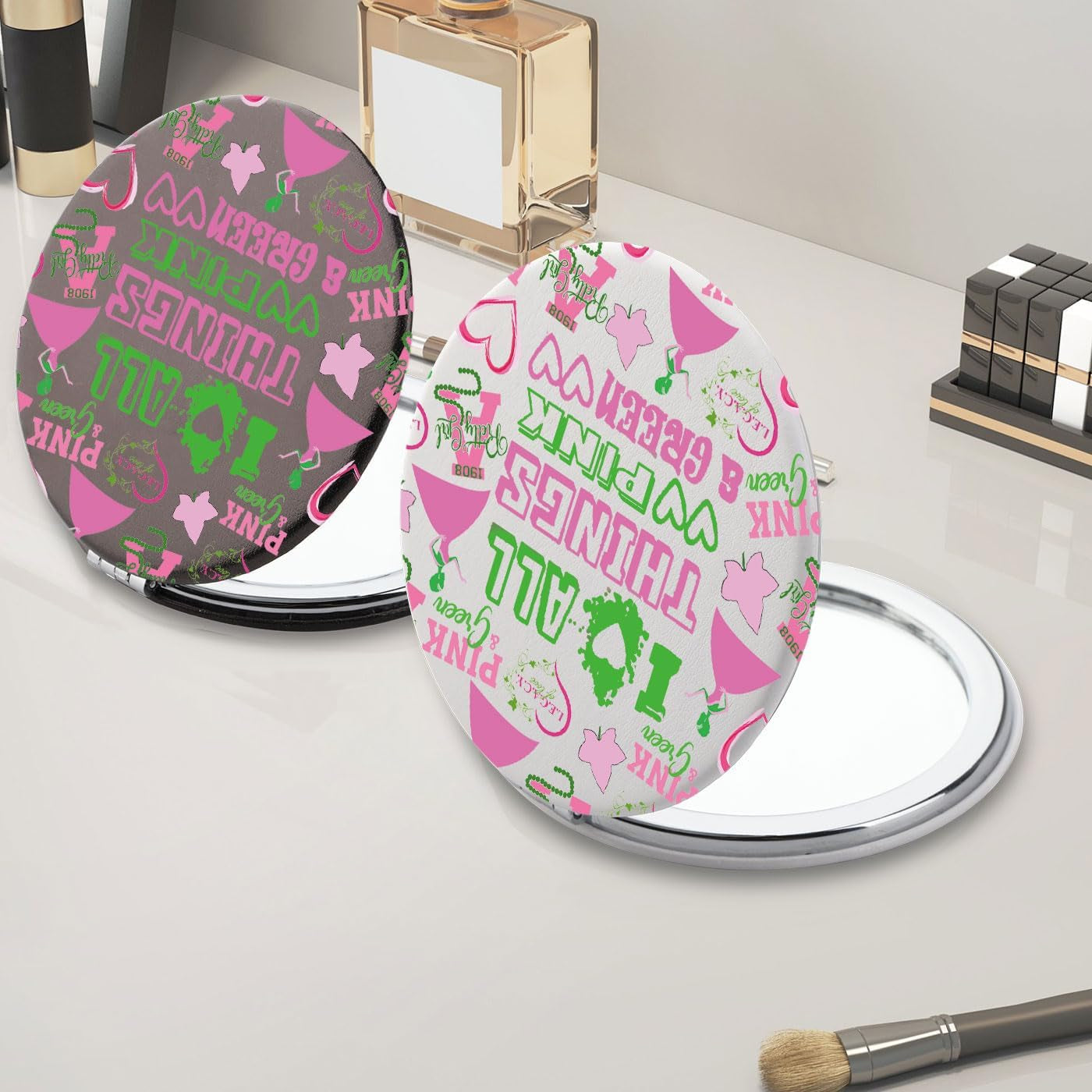 Sorority Paraphernalia Gift Greek Sorority Gift I Love All Things Pink & Green Ivy Leaf PU Leather Compact Mirror (Pink & Green LCM)
