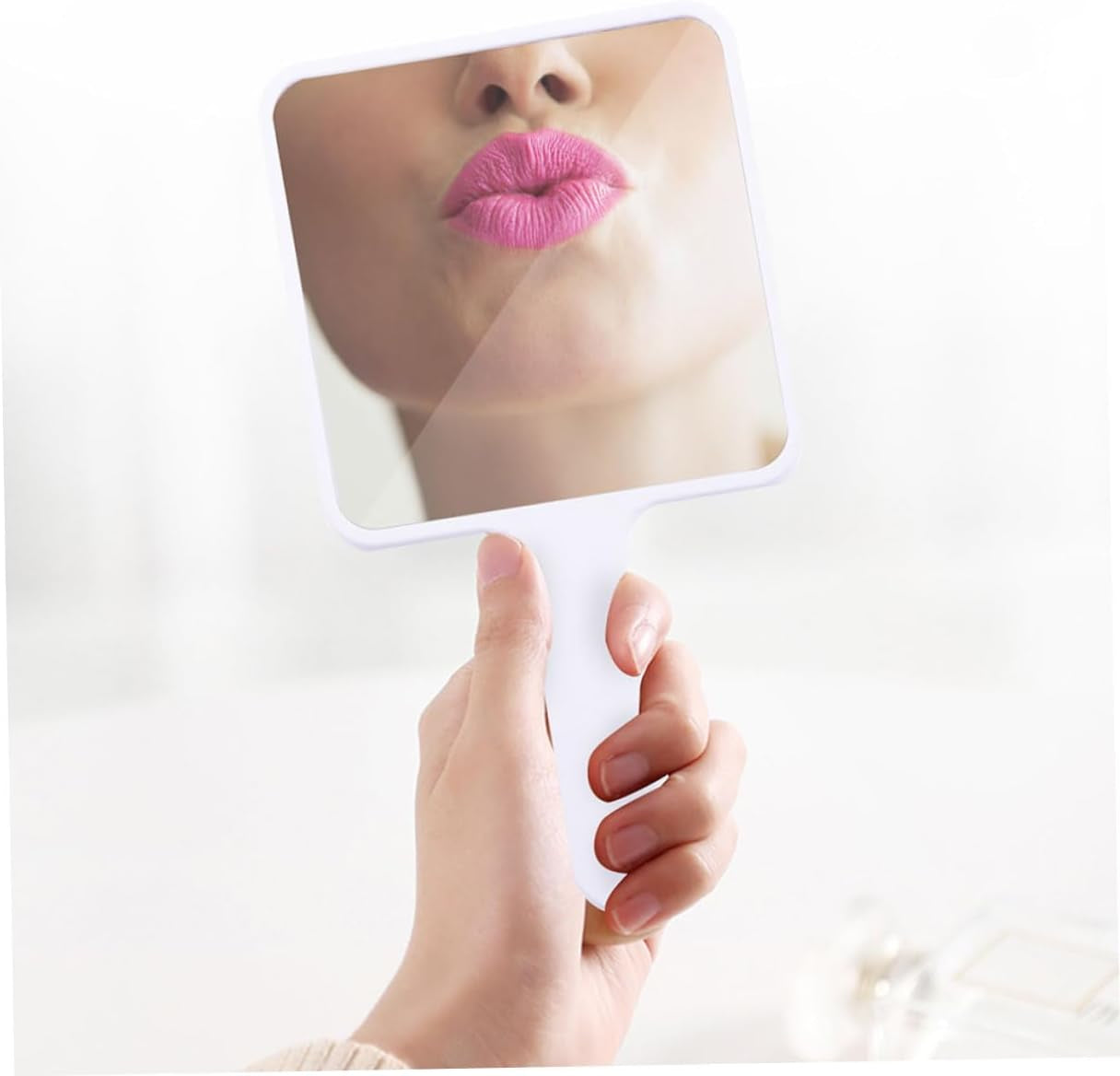 2Pièces Miroir De Maquillage Portable Miroir De Voyage Multifonctionnel Main Blanc Et Rose Accessoire Pratique