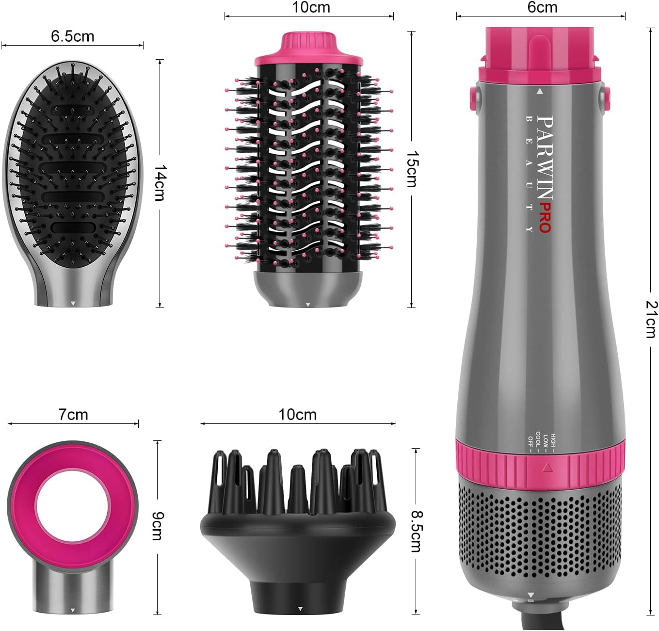 Ensemble De Styler 4 EN 1,  Brosse Soufflante Et Sèche Cheveux, Avec Accessoires, Sécher, Lisser, Donner Du Volume Coiffer, Seche Cheveux Soins Ioniques, 1000W (GRIS), AB0319-4P-PK