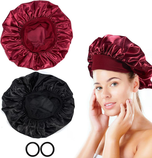 Bonnet Satin Cheveux Nuit，2Pcs Bonnet Soie Bonnet En Satin Avec 2 Élastiques Cheveux, Texturé De Soie, Bonnet De Nuit Femme Pour Protection Courts Longs Bouclés (Noir, Vin Rouge)