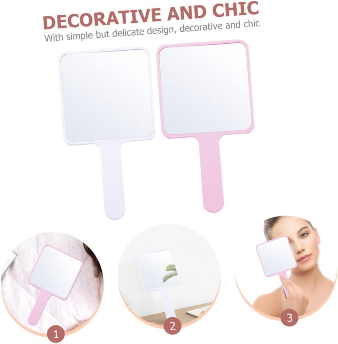 2Pièces Miroir De Maquillage Portable Miroir De Voyage Multifonctionnel Main Blanc Et Rose Accessoire Pratique