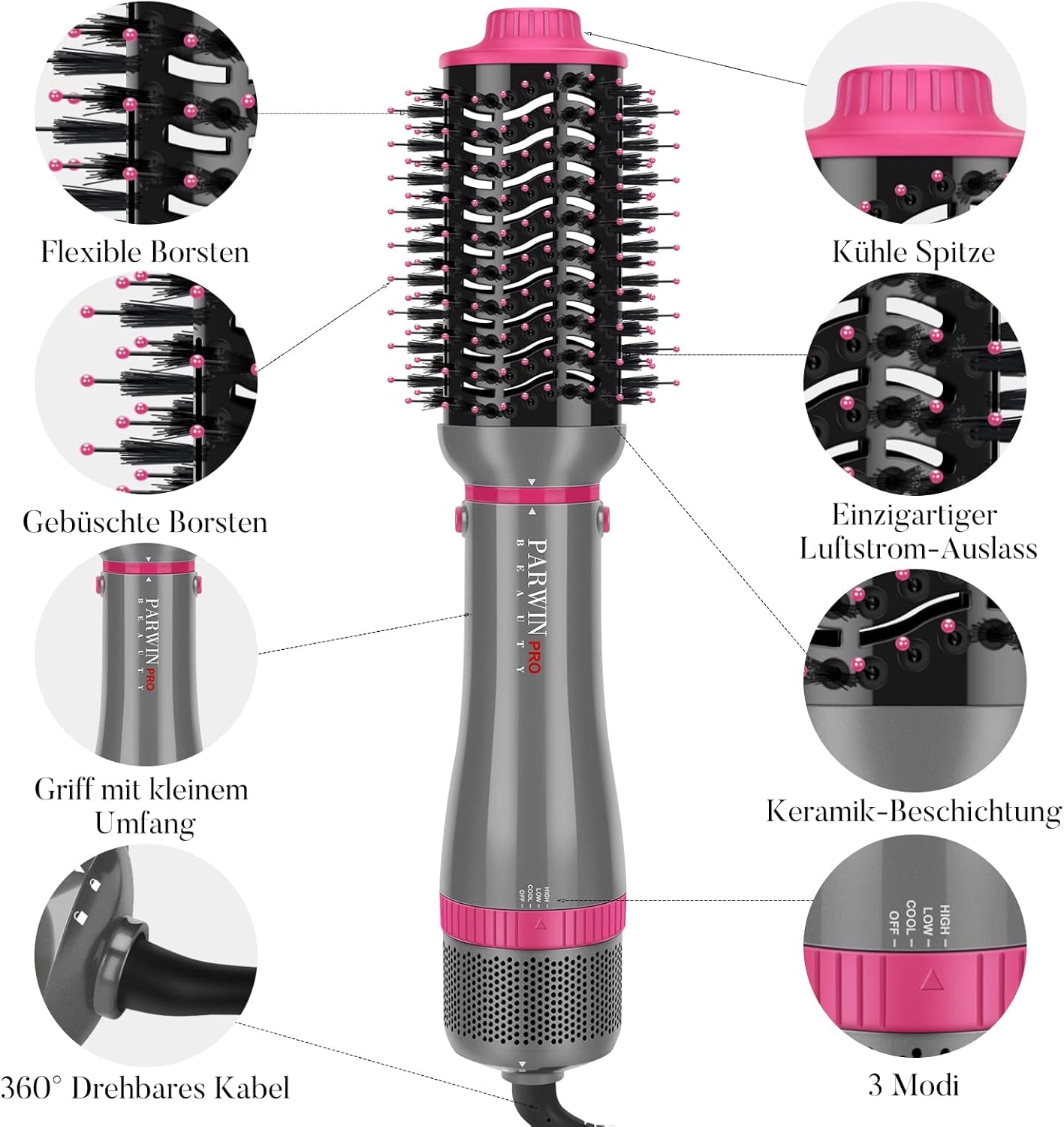 Ensemble De Styler 4 EN 1,  Brosse Soufflante Et Sèche Cheveux, Avec Accessoires, Sécher, Lisser, Donner Du Volume Coiffer, Seche Cheveux Soins Ioniques, 1000W (GRIS), AB0319-4P-PK