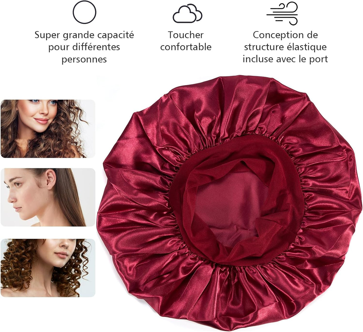 Bonnet Satin Cheveux Nuit，2Pcs Bonnet Soie Bonnet En Satin Avec 2 Élastiques Cheveux, Texturé De Soie, Bonnet De Nuit Femme Pour Protection Courts Longs Bouclés (Noir, Vin Rouge)