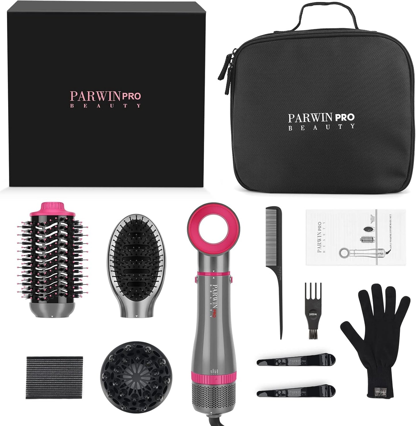 Ensemble De Styler 4 EN 1,  Brosse Soufflante Et Sèche Cheveux, Avec Accessoires, Sécher, Lisser, Donner Du Volume Coiffer, Seche Cheveux Soins Ioniques, 1000W (GRIS), AB0319-4P-PK
