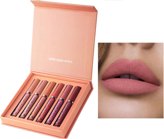 6 Couleurs Set Rouge À Lèvres Liquide Mat, Mat Rouge À Lèvres Nude Ensemble Velouté Longue Durée Antiadhésif Tasse, Cadeau De Rouge À Lèvres (02)
