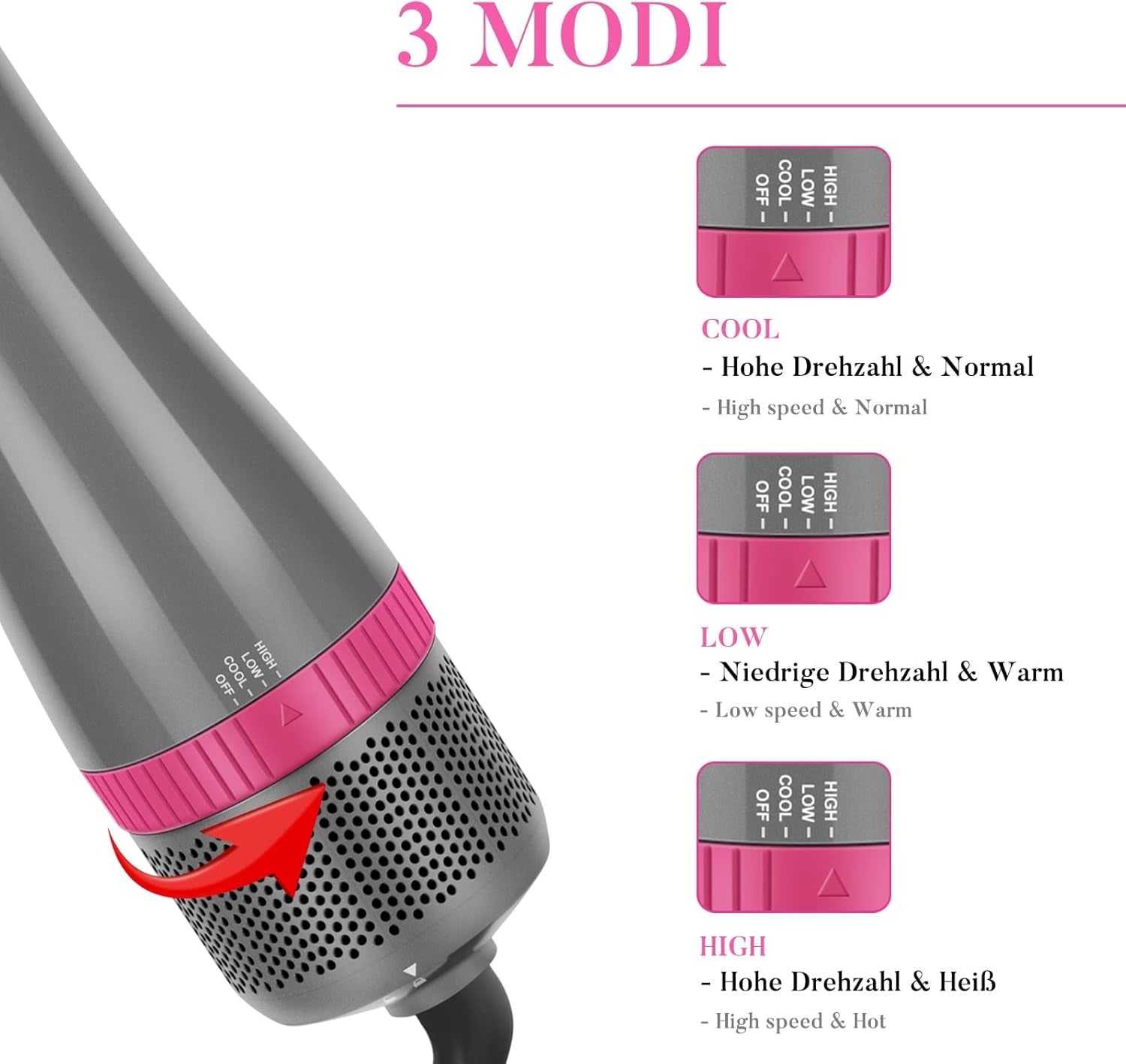 Ensemble De Styler 4 EN 1,  Brosse Soufflante Et Sèche Cheveux, Avec Accessoires, Sécher, Lisser, Donner Du Volume Coiffer, Seche Cheveux Soins Ioniques, 1000W (GRIS), AB0319-4P-PK