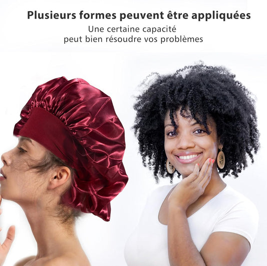 Bonnet Satin Cheveux Nuit，2Pcs Bonnet Soie Bonnet En Satin Avec 2 Élastiques Cheveux, Texturé De Soie, Bonnet De Nuit Femme Pour Protection Courts Longs Bouclés (Noir, Vin Rouge)