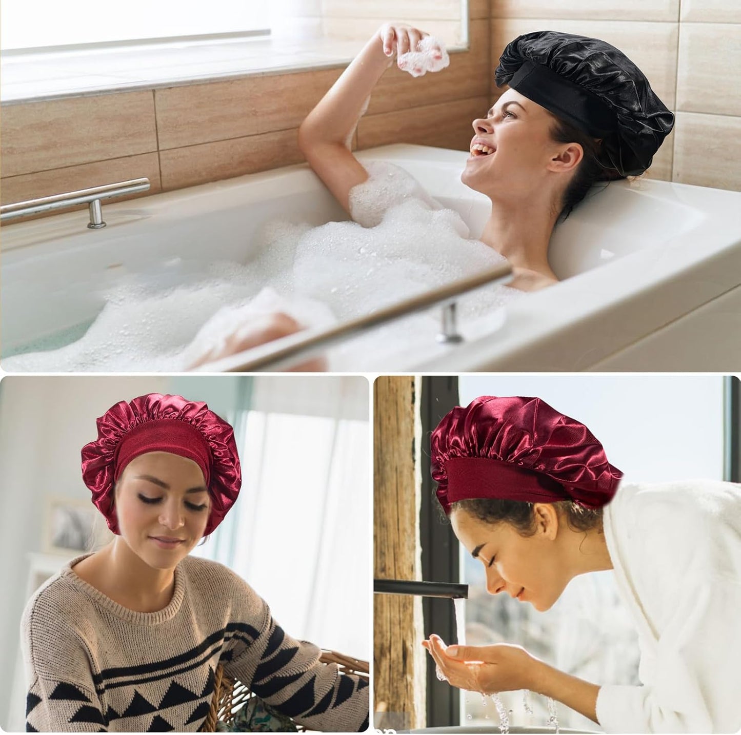 Bonnet Satin Cheveux Nuit，2Pcs Bonnet Soie Bonnet En Satin Avec 2 Élastiques Cheveux, Texturé De Soie, Bonnet De Nuit Femme Pour Protection Courts Longs Bouclés (Noir, Vin Rouge)