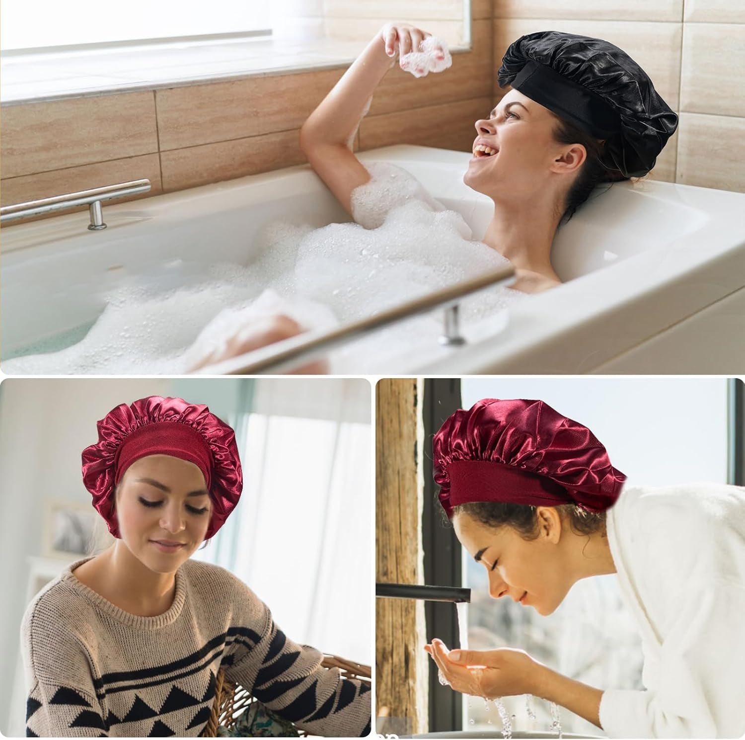 Bonnet Satin Cheveux Nuit，2Pcs Bonnet Soie Bonnet En Satin Avec 2 Élastiques Cheveux, Texturé De Soie, Bonnet De Nuit Femme Pour Protection Courts Longs Bouclés (Noir, Vin Rouge)