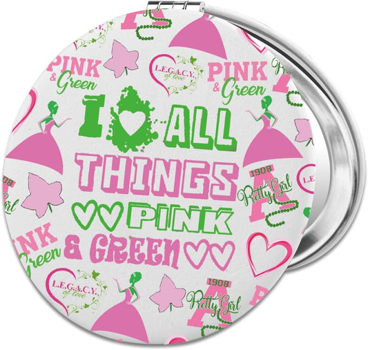 Sorority Paraphernalia Gift Greek Sorority Gift I Love All Things Pink & Green Ivy Leaf PU Leather Compact Mirror (Pink & Green LCM)